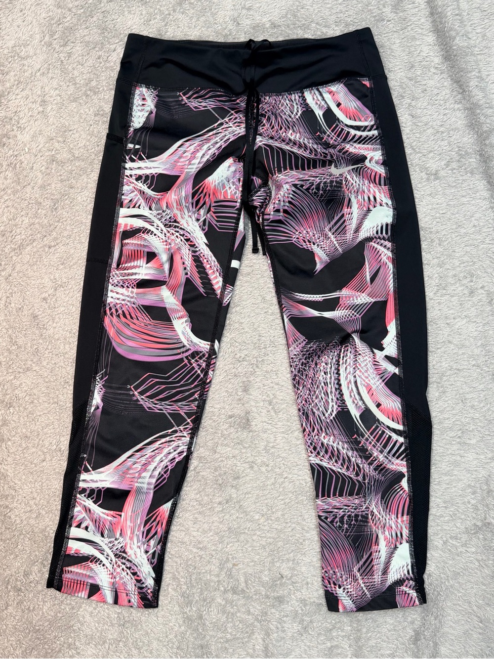 Nike Black Leggings with Pink & White Abstract Swirl Print